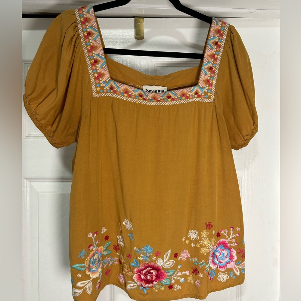 Savanna Jane Mustard Floral Embroidered Blouse